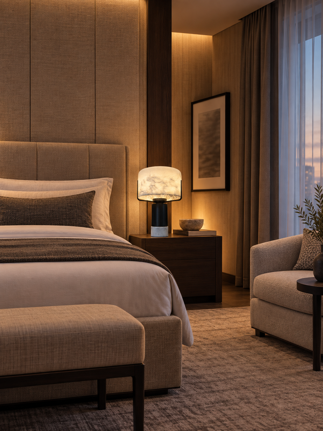 Alabaster-style table lamp beside a hotel bed