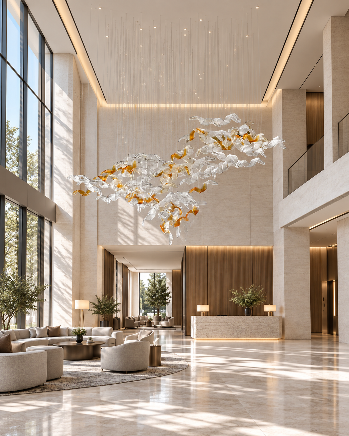 Interior visualisation of a large suspended clear-and-amber glass ribbon installation in a double-height space