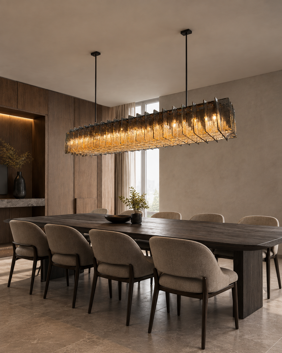 Dining room visualisation featuring a long smoked textured glass chandelier