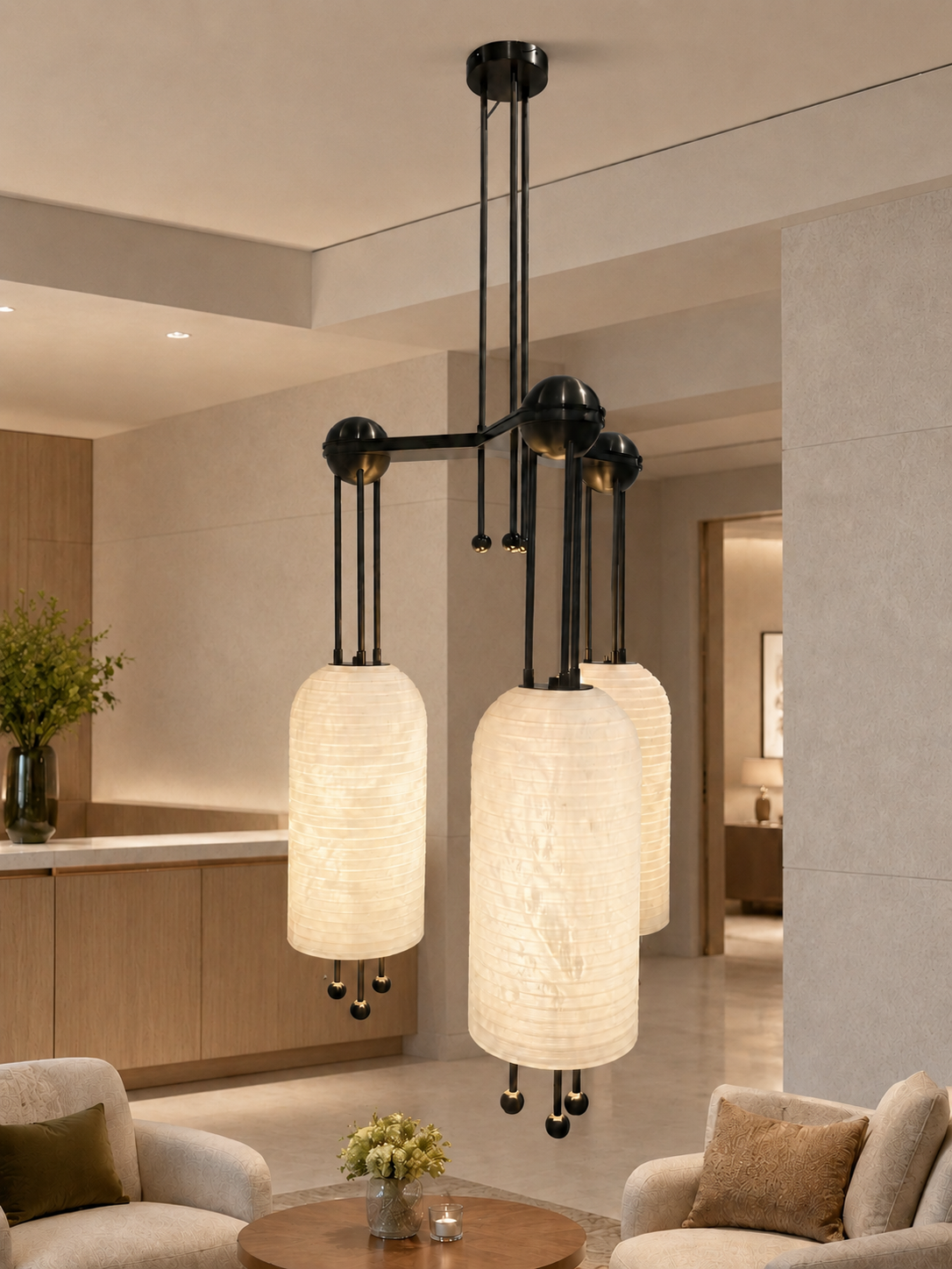 Interior visualisation featuring three suspended translucent forms within a dark metal framework