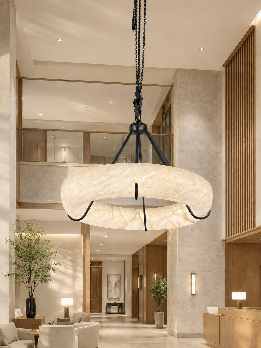 Interior visualisation featuring a broad illuminated ring beneath a dark suspension structure
