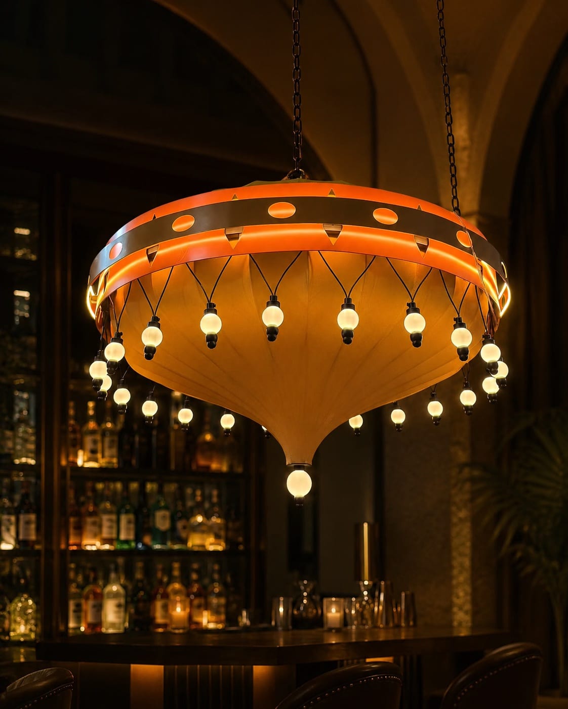 Amber circular lantern chandelier suspended above a hospitality interior