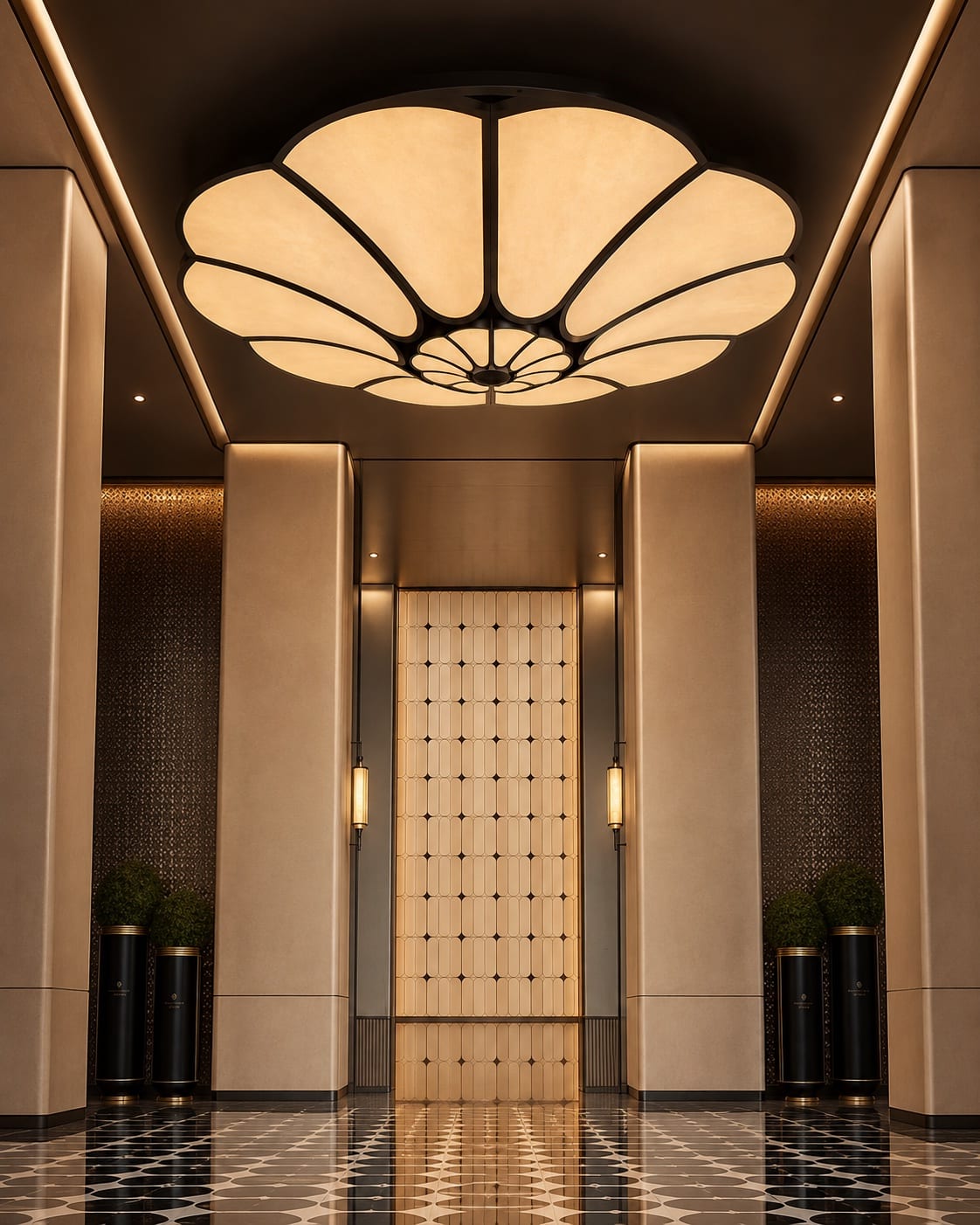 Large ceiling-mounted petal feature light with warm diffused panels in a hospitality entrance hall.