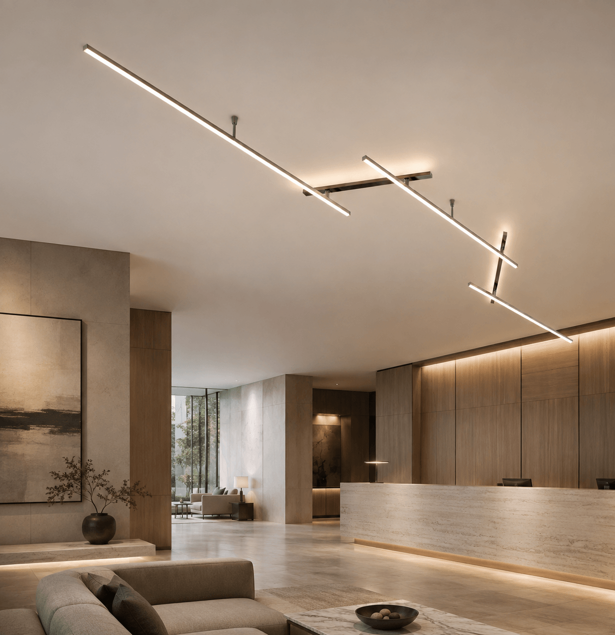Custom architectural linear ceiling light installed in a high-end hotel reception.