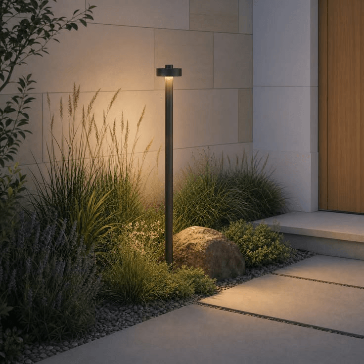 Custom slim disc-top bollard light installed beside a contemporary hotel entrance.