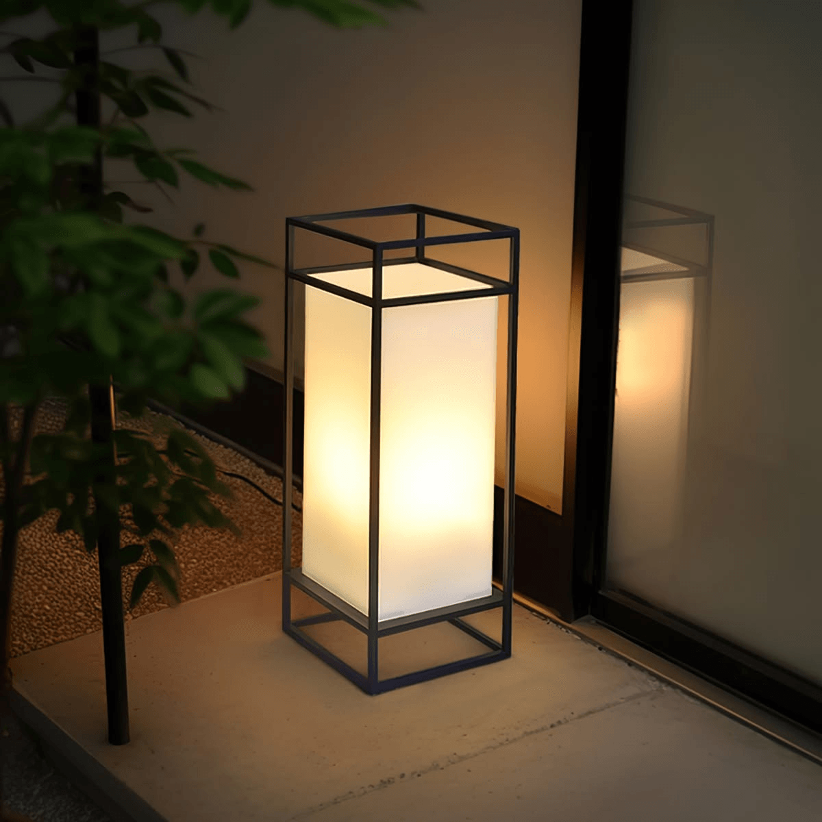 Custom black framed outdoor lantern with a frosted illuminated diffuser.