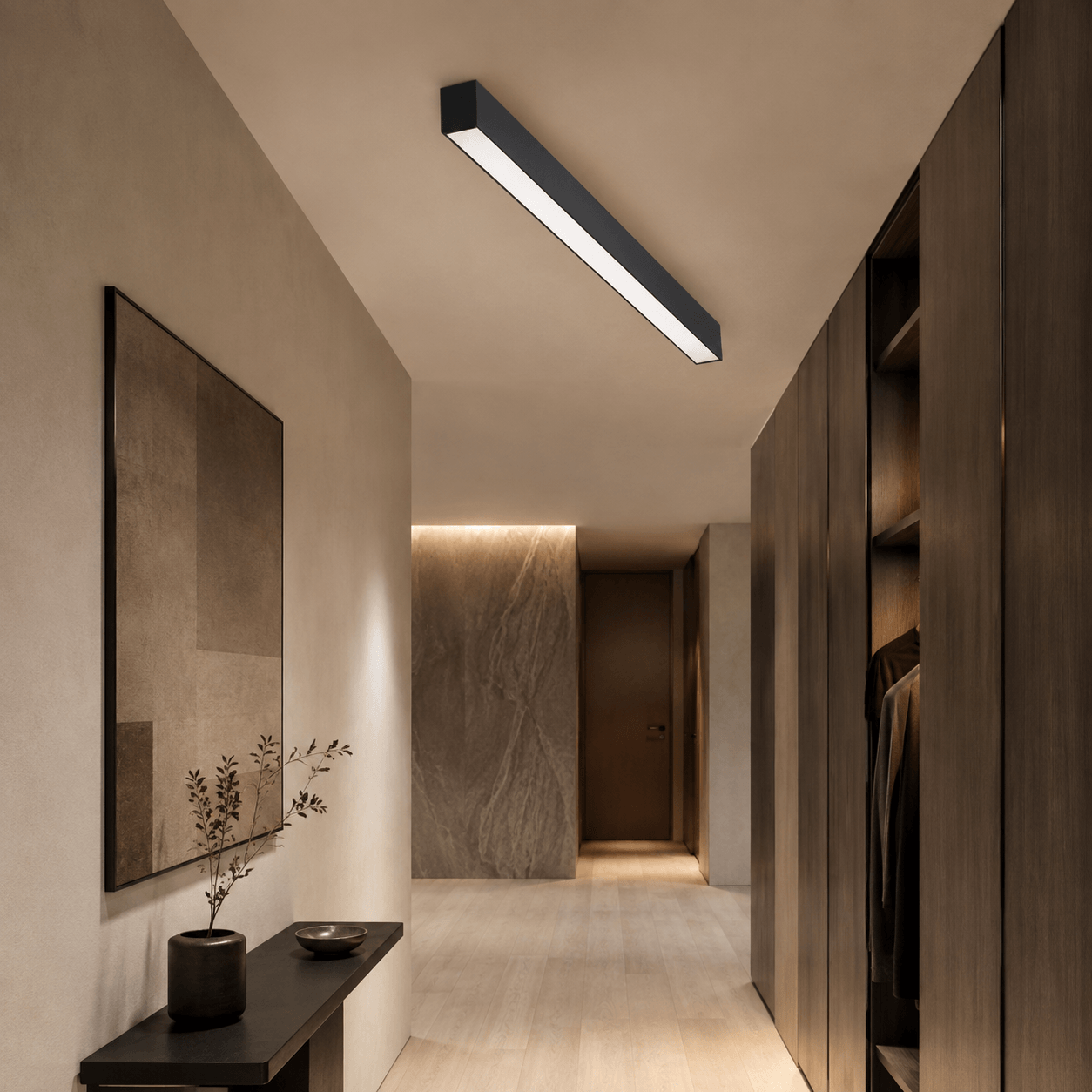 Custom black surface-mounted linear ceiling light in a contemporary corridor.