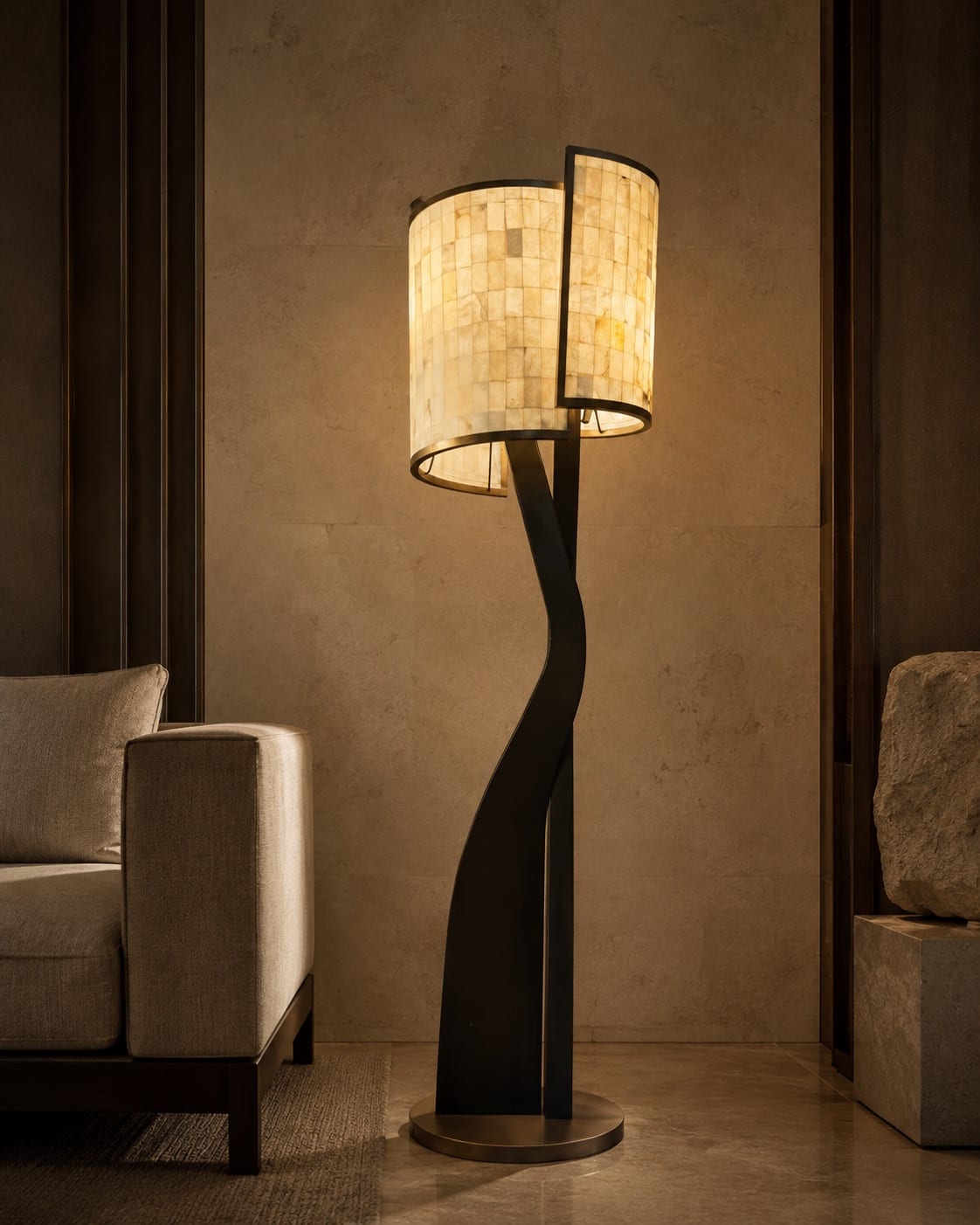 Sculptural decorative floor lamp installed in a hospitality lounge interior