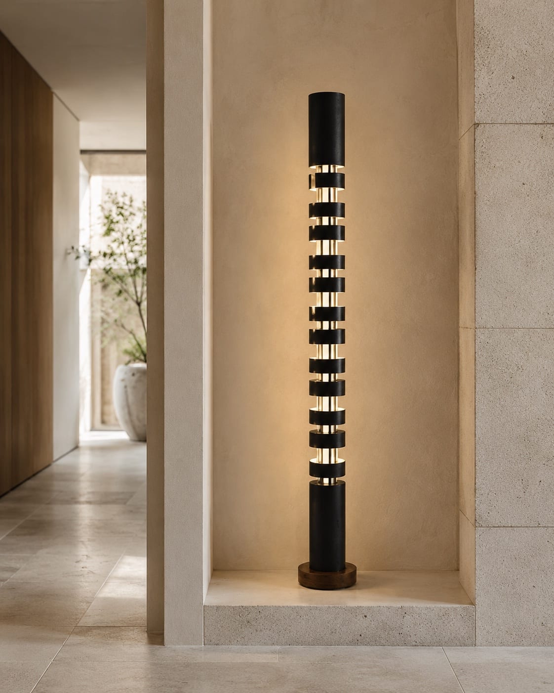 Custom architectural column floor light with stacked black metal forms and integrated warm illumination