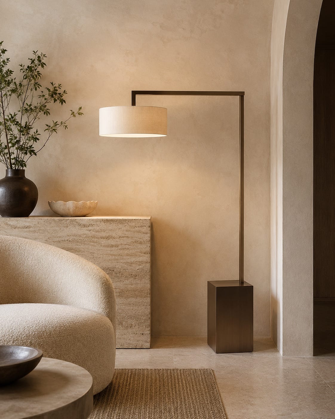 Cantilever floor lamp with an extended bronze arm in a hospitality lounge