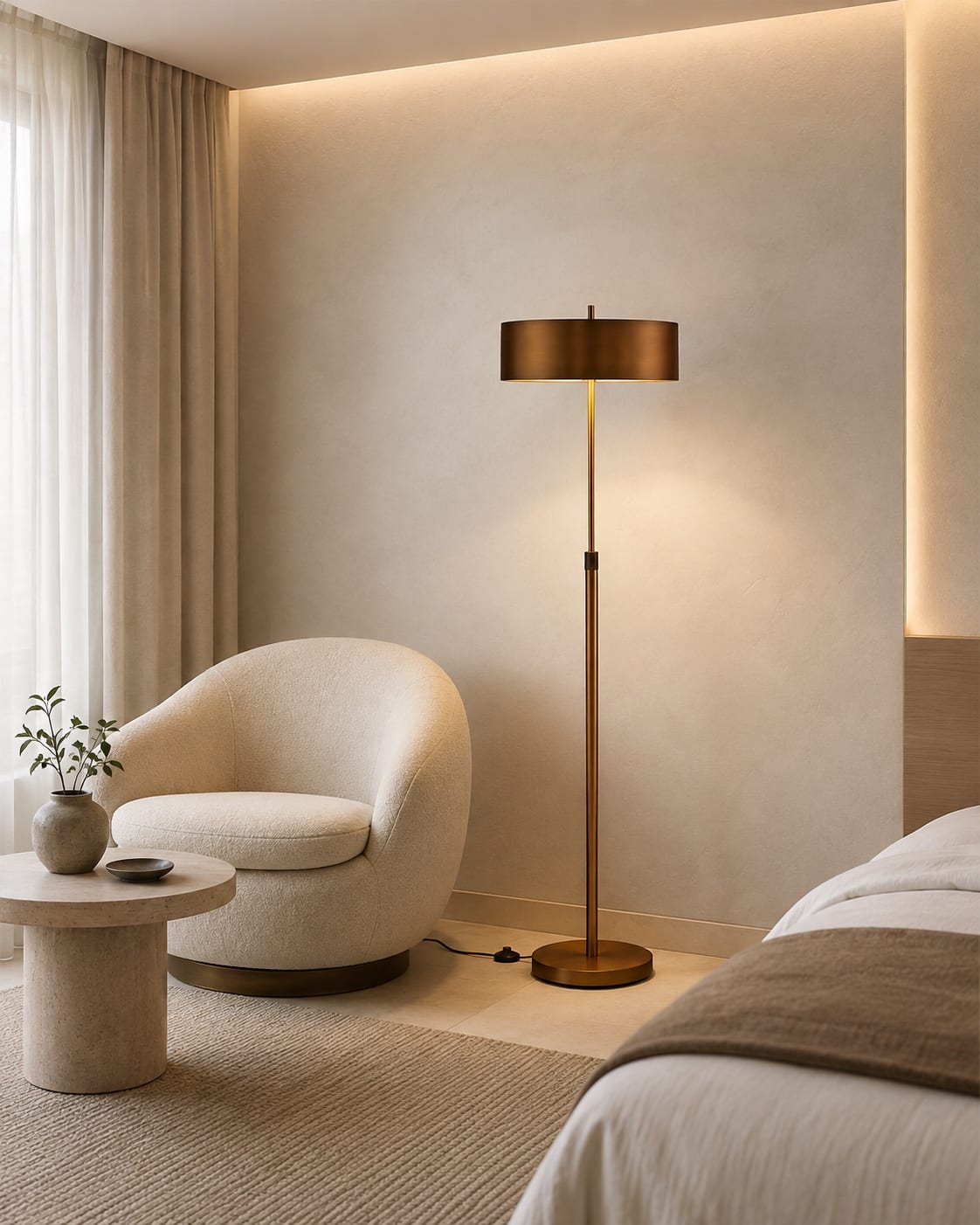 Custom slim arc floor lamp with a black and brass structure and generous white fabric shade