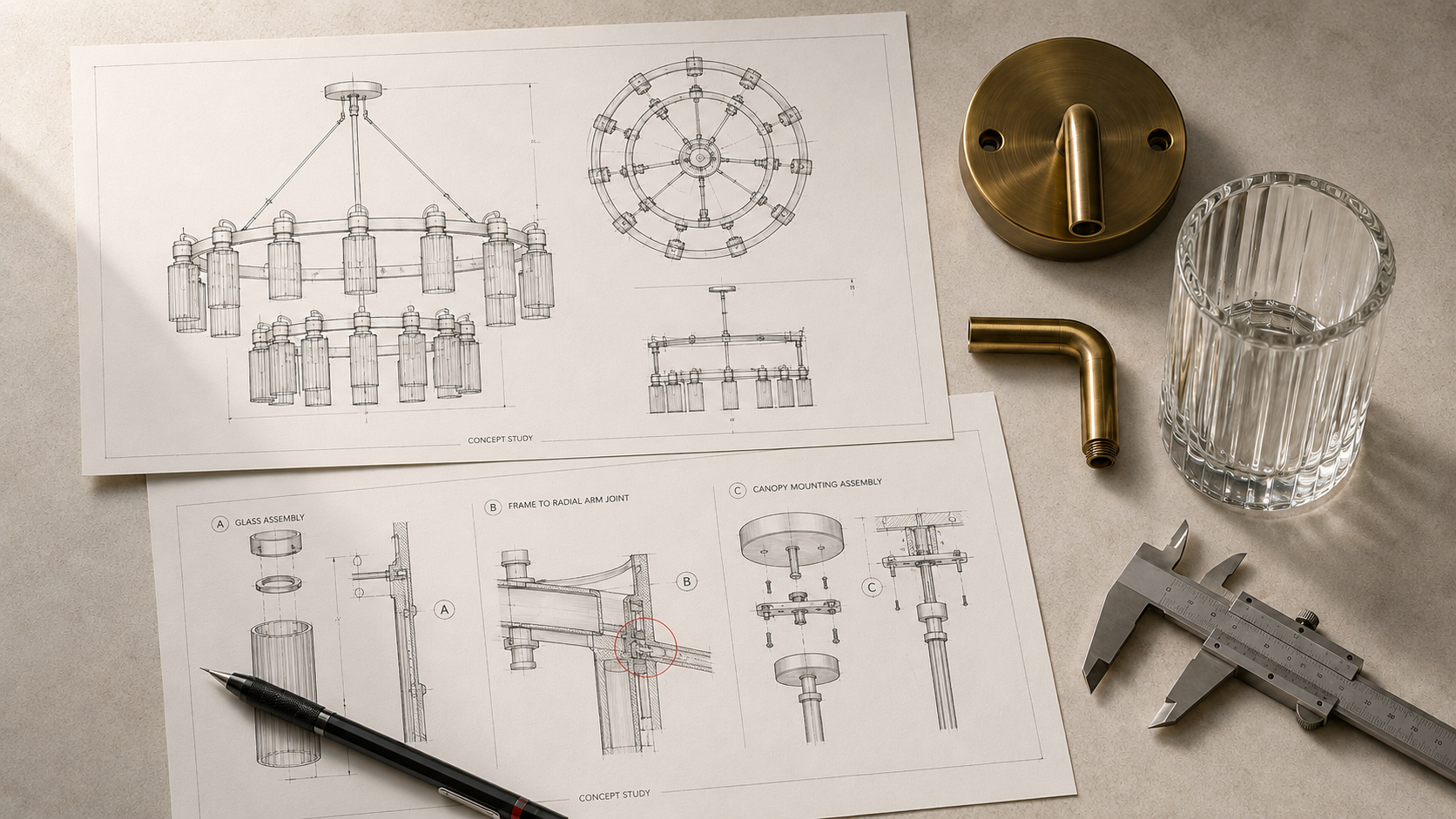 Design intent drawing and detailed production shop drawing for a bespoke lighting fixture