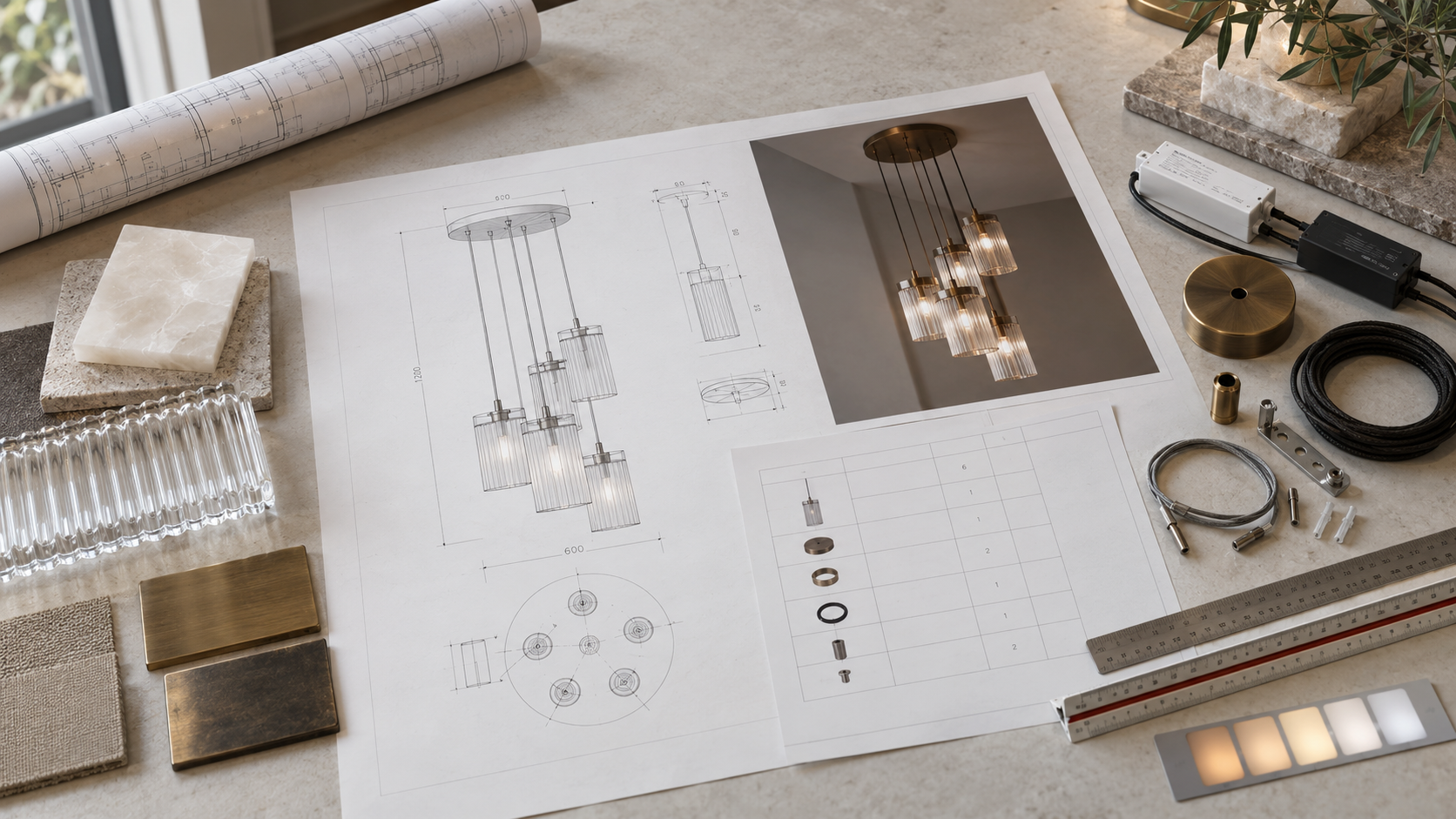 Bespoke pendant drawing, reference photograph, finish samples, lighting components and project specification materials prepared for quotation