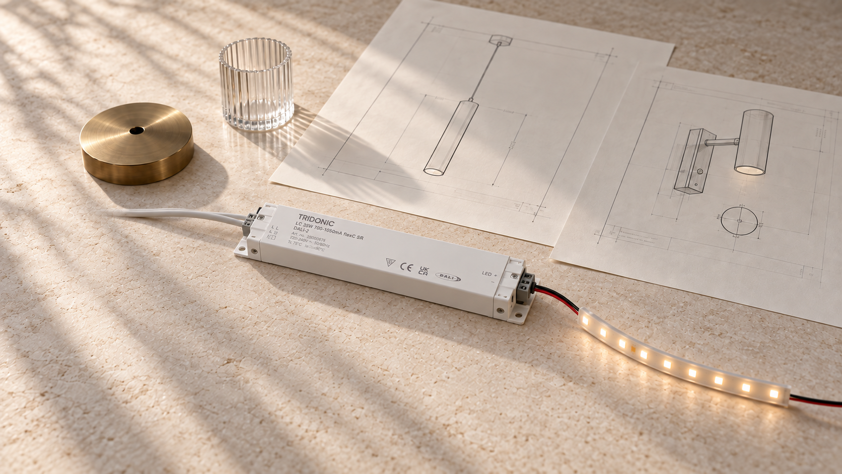 Remote LED drivers, LED modules and wiring arranged beside a bespoke decorative lighting drawing.