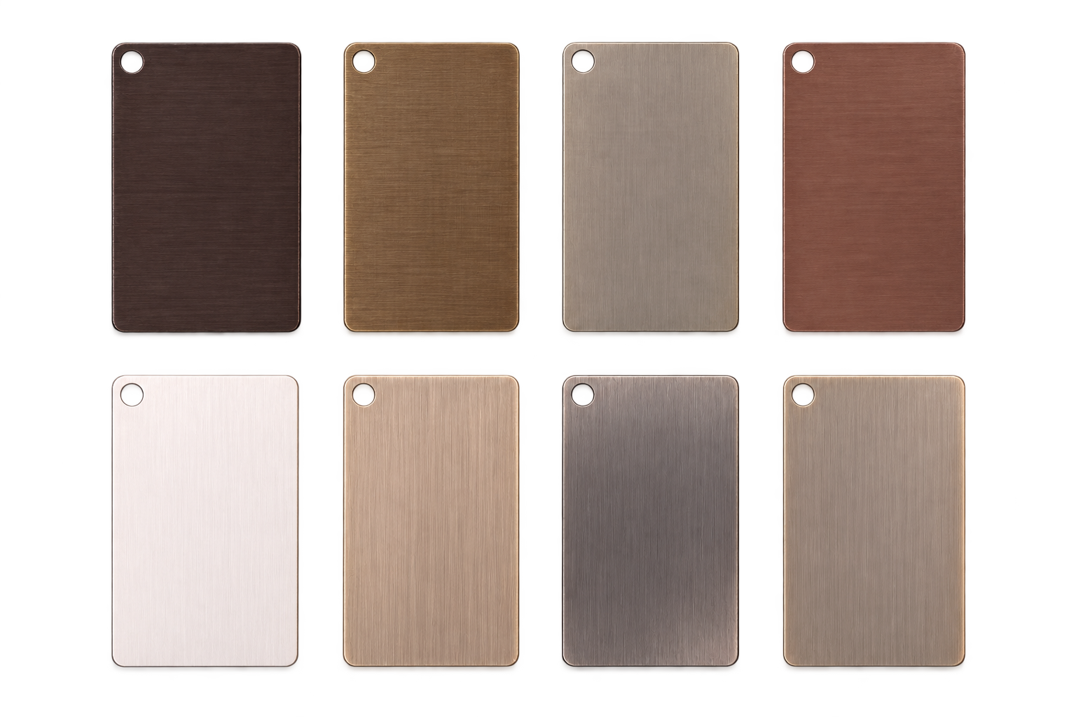 Eight rectangular metal finish samples in muted bronze, brass and satin tones on a black sample board