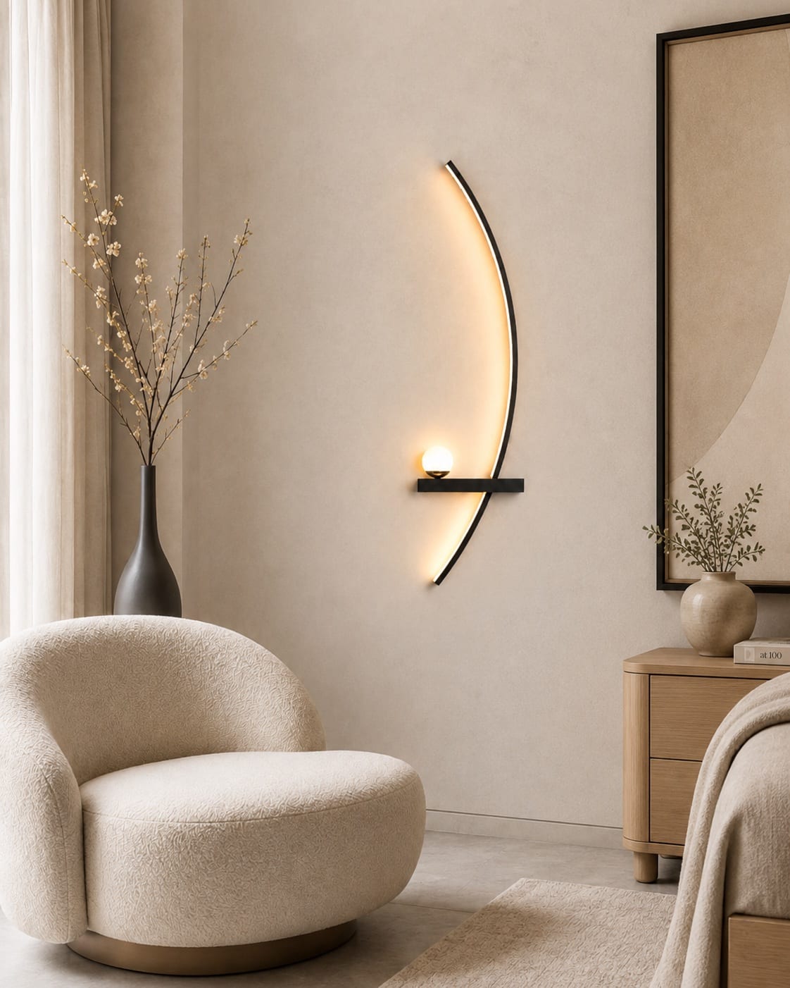 Sculptural black arc wall light with a small glowing sphere in a light neutral bedroom interior