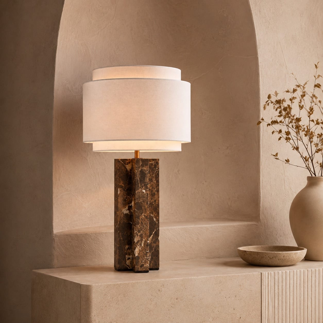 Custom table lamp with a dark veined marble column base and layered white fabric shade