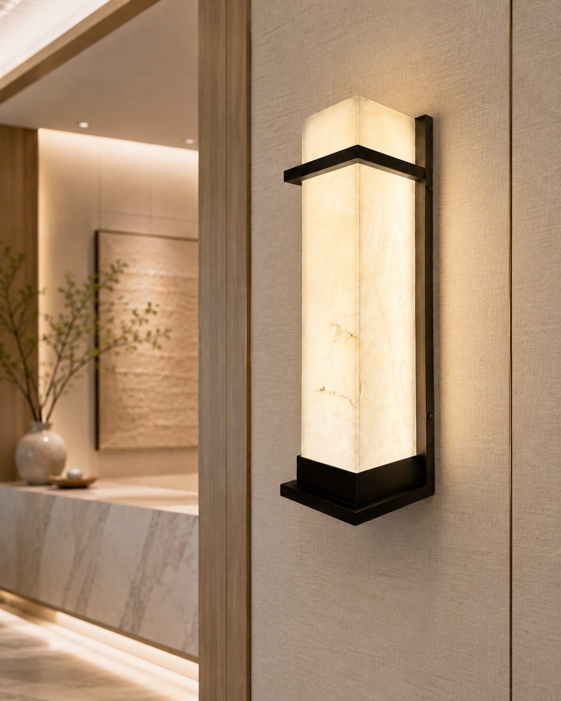 Tall architectural alabaster wall light with a precise dark metal frame in a bright hospitality arrival interior